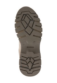 Grå gummistøvle sål med et mønstret dæk, der har dybe riller og et trekantet design. Brandnavnet "BOGNER" er præget på siden.