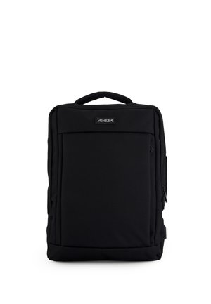Czarny prostokątny plecak z górnym uchwytem, przednią kieszenią na zamek oraz etykietą "Venezia" umieszczoną na środku u góry.
