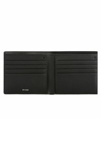 Black leather wallet with a smooth texture, features multiple card slots, and embossed logo detail. Opened view showcasing interior design.