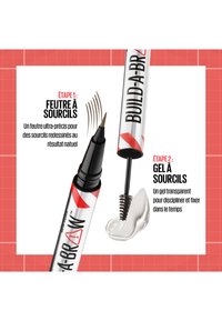 Marqueur pour sourcils avec une pointe de précision, embout noir et tube argenté avec des accents rouges. Accompagné d'un gel transparent avec un pinceau.