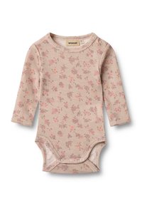 Langärmliger Baby-Overall aus weichem beigen Baumwollstoff mit einem zarten Blumenmuster in Pink und Lila. Verfügt über Druckknöpfe an der Schulter und am unteren Ende.