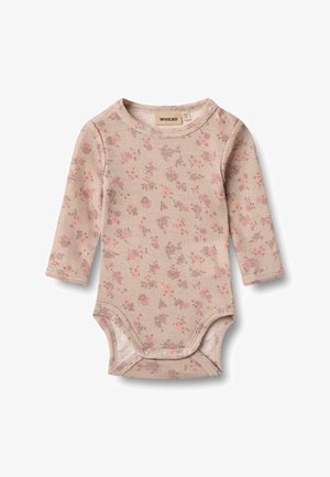 Body a manica lunga per neonati in morbido cotone beige con un delicato motivo floreale in rosa e viola. Presenta chiusure a scatto sulle spalle e sul fondo.