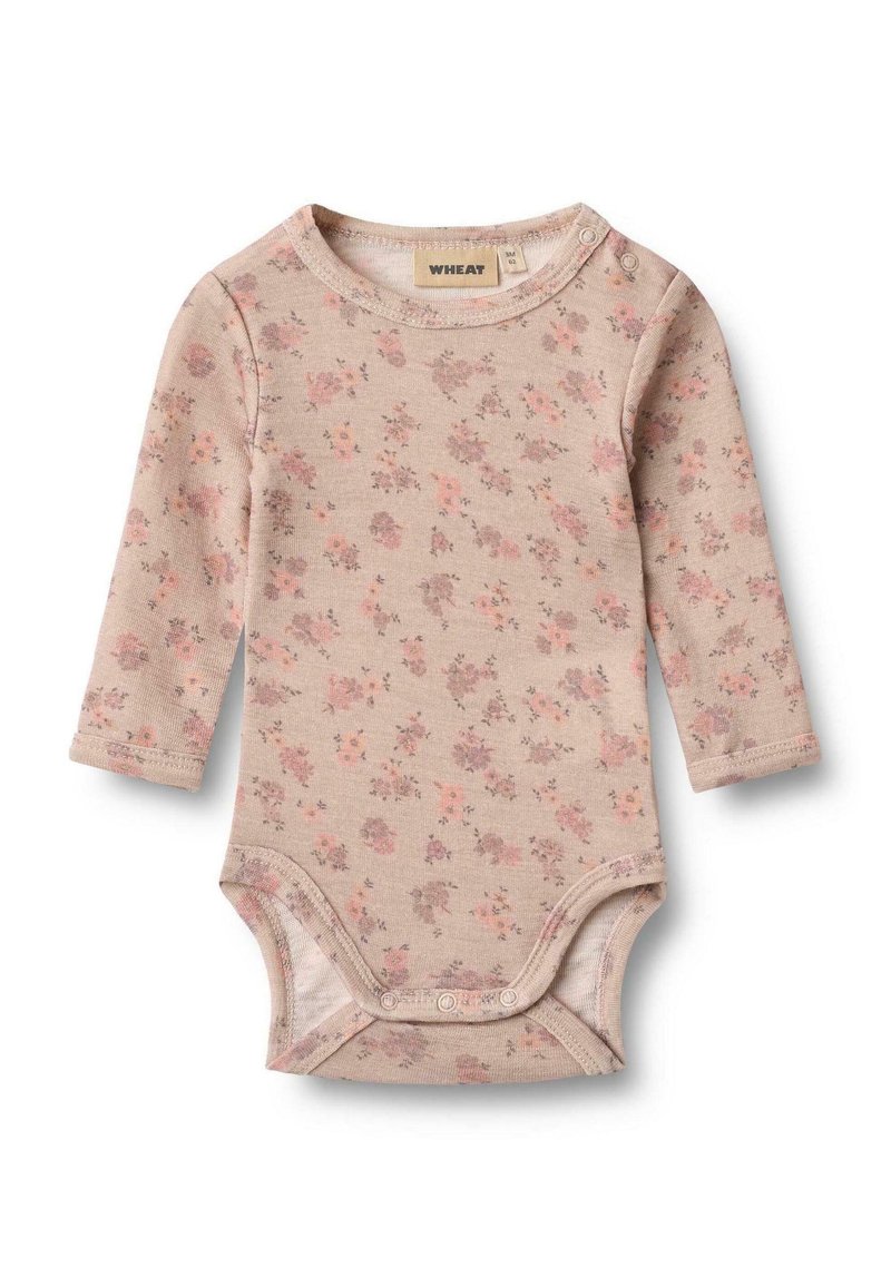 Langärmliger Baby-Overall aus weichem beigen Baumwollstoff mit einem zarten Blumenmuster in Pink und Lila. Verfügt über Druckknöpfe an der Schulter und am unteren Ende.