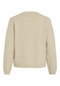 Beige knitted sweater with a relaxed fit, wide neckline, and ribbed cuffs, featuring a smooth texture and simple design.