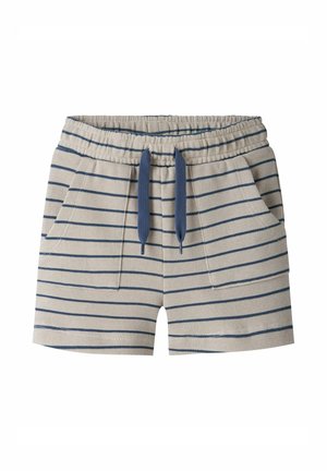 Beżowe i granatowe szorty dla małych dzieci w paski z elastycznym pasem, granatowymi sznureczkami i przednimi naszywanymi kieszeniami.