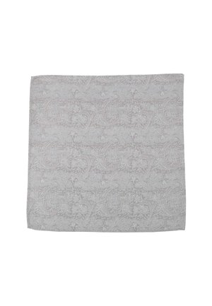 Gray decorative fabric featuring a paisley pattern with floral accents and a textured surface, rectangular shape, even edges.