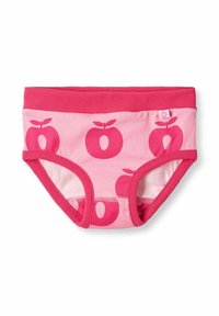 Mutande di cotone rosa con una ampia vita fucsia caratterizzata da un motivo ripetuto di mele in un rosa più scuro. Aperture elastiche per le gambe per una vestibilità comoda.