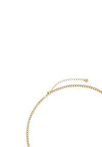 Collana in oro caratterizzata da anelli intrecciati, una chiusura sicura e una lunghezza regolabile con un piccolo dettaglio a forma di etichetta. Finitura liscia e lucida.