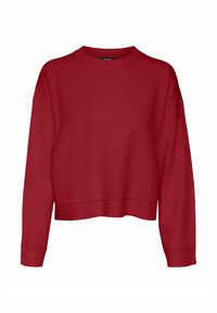 Sweat-shirt rouge court avec un col rond, des épaules tombantes et des poignets côtelés. Confectionné dans un tissu doux et texturé avec une finition lisse.
