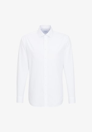 Weißes Langarmhemd mit Knopfleiste, klassischem Kragen und geradem Saum. Glatte Stofftextur.