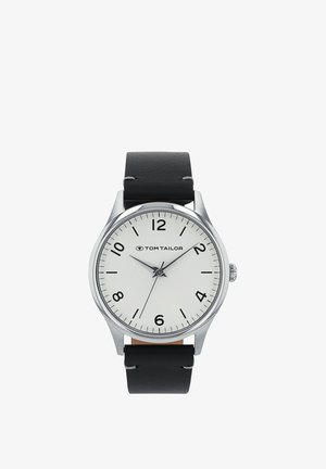 Round silver wristwatch with white dial, black Arabic numerals, black hour and minute hands, thin second hand, and black leather strap.