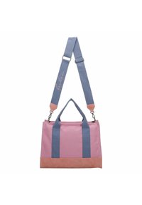 Borsa in tela con corpo rosa, manici blu e fondo in camoscio rosa. Presenta doppi manici e una tracolla regolabile.