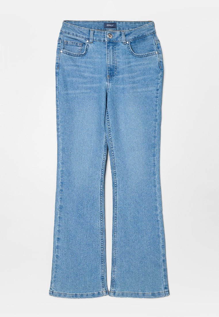 Helle blaue Schlagjeans aus Denim, mit Knopfverschluss, fünf Taschen und einem ausgewaschenen Look mit geraden Beinöffnungen.