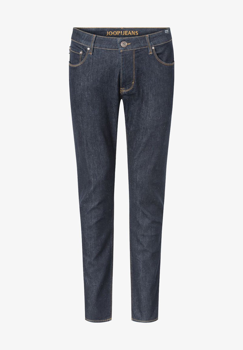 Mørkeblå denimjeans med slim fit, fem lommer og gule sømmer. Har en knappelukking og "JOOPJEANS"-logo på linningen.