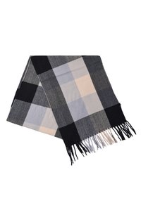 Sciarpa di lana a scacchi nera, grigia e beige; bordi rifiniti con frange. Texture morbida e forma rettangolare.