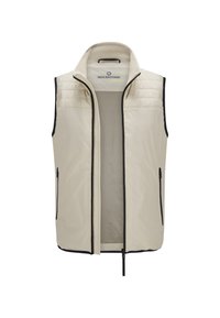 Beige ärmellose Weste mit hohem Kragen, ausgestattet mit einem gesteppte Design an den Schultern, schwarzem Reißverschluss und einem Innenfutter aus Mesh.