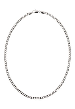 Zilverkleurige ketting met platte, in elkaar grijpende schakels en een karabijnsluiting, afgebeeld op een witte achtergrond.