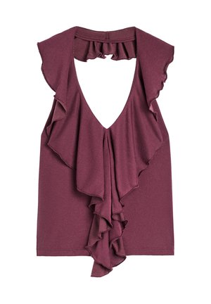 Ciemno-bordowy top bez rękawów z głębokim dekoltem w kształcie litery V, zdobiony falbaniastymi akcentami na ramionach i z przodu, wykonany z miękkiego materiału.