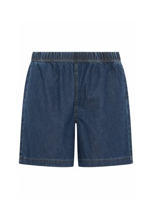 Pantaloncini in denim blu scuro con vita elasticizzata e dettagli di cuciture visibili, mostrati da davanti su sfondo bianco.