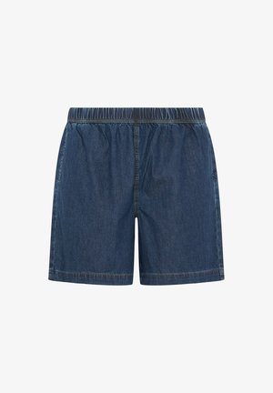 Pantaloncini in denim blu scuro con vita elasticizzata e dettagli di cuciture visibili, mostrati da davanti su sfondo bianco.
