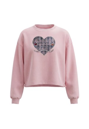 Pink langærmet sweatshirt med et ternet hjertegrafik og broderet tekst på forsiden med teksten "Be Your Own Hero Sparkle On Girl."