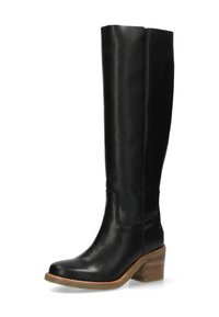 Czarne skórzane botki do kolan o gładkiej fakturze, okrągłym nosku i drewnianym słupkowym obcasie. Widoczne detale bocznych szwów.