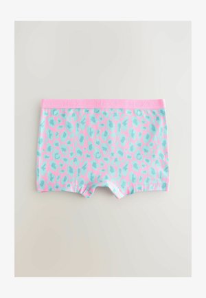 Pantaloni corti a fantasia di colore blu chiaro con stampa leopardata rosa. Presentano un elastico in vita con marchio "NEXT". Materiale in cotone, vestibilità elastica.
