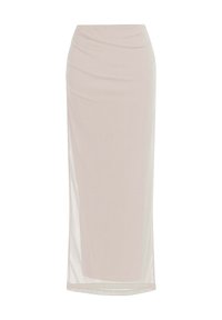 Jupe midi beige clair faite d'un tissu doux et extensible avec un design drapé. Elle présente une taille ajustée et une texture lisse sur toute sa surface.