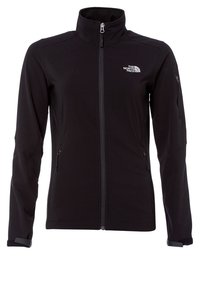 Veste softshell noire avec fermeture éclair à l'avant, deux poches zippées, logo sur la poitrine, et poche zippée sur la manche gauche.
