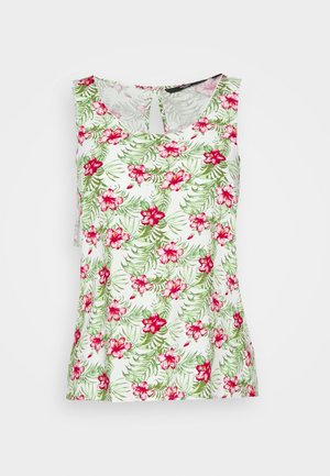 Top blanco sin mangas con estampado de hojas de palma verdes y flores de hibisco rojas, con un pequeño cierre de botón en forma de ojo de cerradura en la parte posterior del cuello.