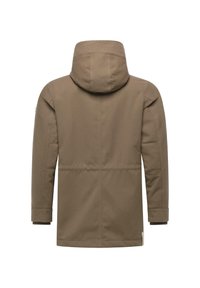 Braune Kapuzenjacke mit geradem Schnitt, die über eine Steppnaht, eine glatte Textur und Bündchen mit Rippakzenten verfügt.