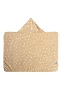 Beige Kapuzentuch mit weicher Textur, mit einem weißen Blättermuster, abgerundeten Ecken und einem gesteppten Rand für Langlebigkeit.