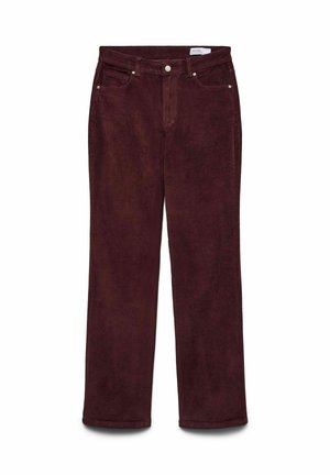 Korsettbyxor i djupt burgundy, med en klassisk rak ben-design, fem fickor och metallbeslag. Mjuk textur.