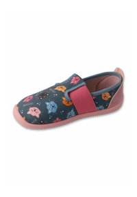 Buty z tkaniny na slip-on z niebieską cholewką i kolorowymi twarzami kotów, różową elastyczną taśmą i różową gumową podeszwą.