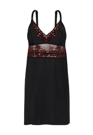 Black lingerie dress with adjustable straps, featuring a lace panel in red and black floral design at the bust and waist. Smooth texture.