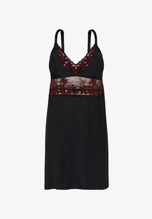 Black lingerie dress with adjustable straps, featuring a lace panel in red and black floral design at the bust and waist. Smooth texture.