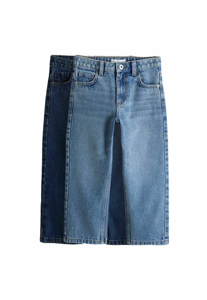 Jeansrock mit zwei Farbtönen: Dunkelblau auf der linken und Hellblau auf der rechten Seite. Klassisches Fünf-Taschen-Design und gerader Schnitt.