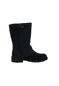 Botines de ante azul marino con cremallera lateral y correa ajustable. Presentan costuras blancas en contraste y una suela de goma plana.