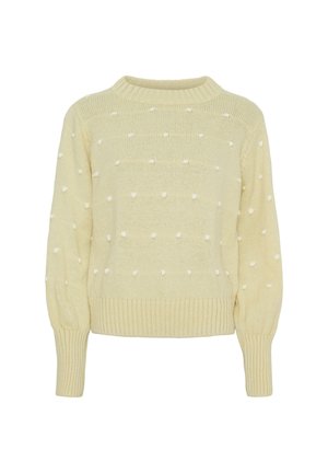 Strikket sweater i lys gul med strukturerede bobler, rund halsudskæring og ribbede manchetter. Blødt, let materiale, afslappet pasform.