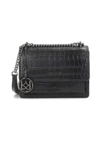 Czarna skórzana torebka o teksturze krokodyla. Posiada łańcuszkowy pasek, zapięcie na klapę oraz metalowy akcent z logo z przodu.