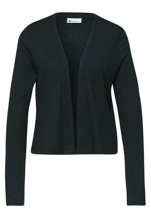 Černý dámský kardigan s otevřeným předním dílem, dlouhými rukávy a jednoduchým, lehkým pleteným vzorem.