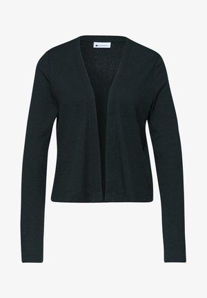 Sort damecardigan med åben front, lange ærmer og et enkelt, let strikket design.