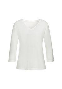 Weißes, langärmliges V-Ausschnitt-Shirt aus weichem Stoff, mit lockerer Passform und subtilen Textdetails am Ärmel. Leicht und atmungsaktiv.