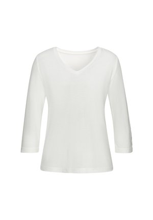 Weißes, langärmliges V-Ausschnitt-Shirt aus weichem Stoff, mit lockerer Passform und subtilen Textdetails am Ärmel. Leicht und atmungsaktiv.