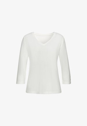 Weißes, langärmliges V-Ausschnitt-Shirt aus weichem Stoff, mit lockerer Passform und subtilen Textdetails am Ärmel. Leicht und atmungsaktiv.
