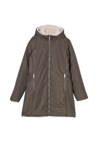 Manteau rembourré vert olive avec une capuche, zips argentés et doublure douce couleur crème. Il possède des manches longues et deux poches zippées à l'avant.