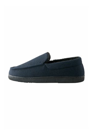 Papuci slip-on din lână navy, cu căptușeală moale neagră, dotati cu o talpă plată din cauciuc negru și o textură netedă. Design clasic cu accente minime.