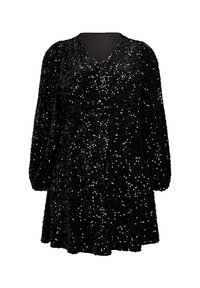 Abito nero in paillettes con scollo a V e maniche lunghe a sbuffo. Il tessuto presenta numerose paillettes lucide che creano una superficie testurizzata.