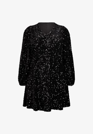 Juoda blizgi suknelė su V formos iškirpte ir ilgomis putliomis rankovėmis. Audinys puošia daugybė blizgančių pailgų sequin'ų, kurie sukuria tekstūruotą paviršių.