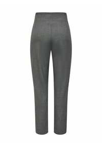 Gray tailored trousers with a smooth texture, high waist, and tapered legs. Features subtle vertical lines and a clean, minimalist design.